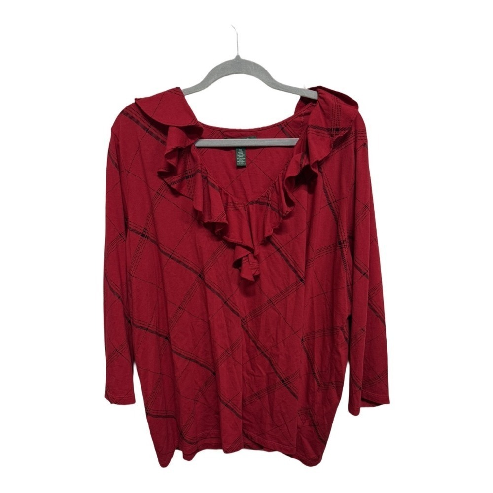 LRL Ralph Lauren Top 2X Plus Red Ruffle Plaid Blouse 3/4 Sleeve Holiday